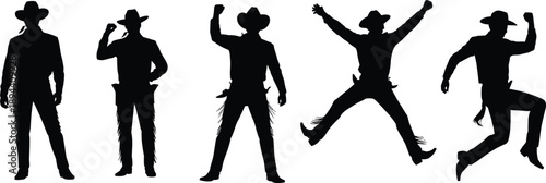 Cowboy silhouette action set showing dancing jumping and celebrating western man poses isolated on white background for rodeo country lifestyle design illustration collection bundle artwork