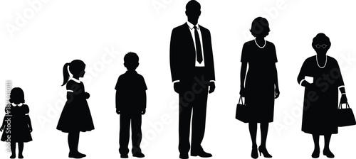 Family generation silhouettes showing children, parents, and grandparents standing together, black human figures isolated on white background representing life stages and age progression