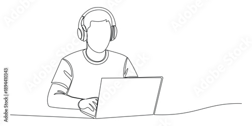 Continuous one line drawing of a man podcasting together with microphones and headphones. Minimalist illustration of talk show, interview, online streaming and digital content