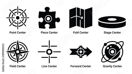 A collection of center types glyph icons: Point, Piece, Fold, Stage, Field, Line, Forward, Gravity. Elements set