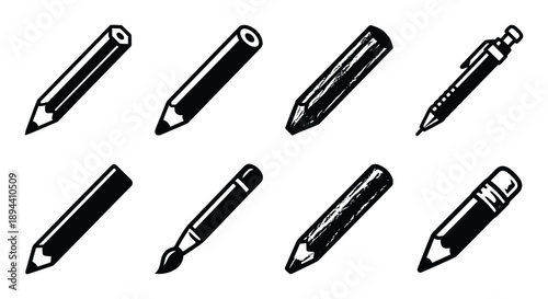 A collection of drawing, sketching and writing instruments: pencils, mechanical pen, and paintbrush glyph icons.
