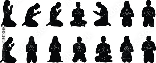 Muslim men and women praying in different postures silhouette set isolated on white background representing Islamic worship faith devotion spirituality religious prayer illustration vector