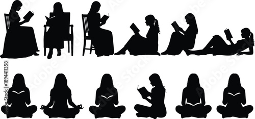 Silhouette collection of women reading books in seated and relaxed poses representing education, mindfulness, learning habits, meditation, and quiet lifestyle concepts illustration set