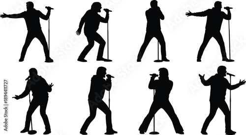 Silhouette set of male singer performing live with microphone stand, isolated black figures showing dynamic stage poses for music, concert, karaoke, and entertainment concepts
