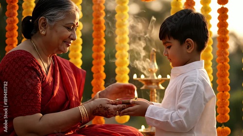 A spiritual indian grandmother guides her grandson performing a ritual near vibrant marigold garlands in warm golden light.