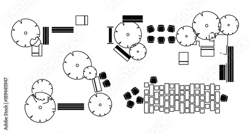 Architectural plan showing trees, tables, chairs, and garden, furniture layout design elements for designers