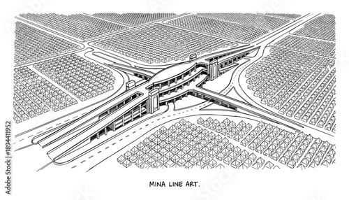 Architectural plan in black and white, city view, highways, overpasses and block housing.