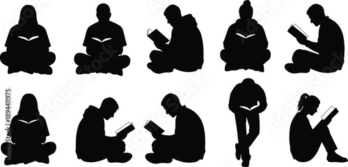 Silhouettes of people reading books in different sitting and standing poses, education concept, learning habits, study lifestyle, knowledge and imagination isolated on white background