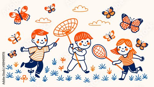 Happy children catching butterflies in a summer garden - joyful childhood, friendship and nature, vector illustration