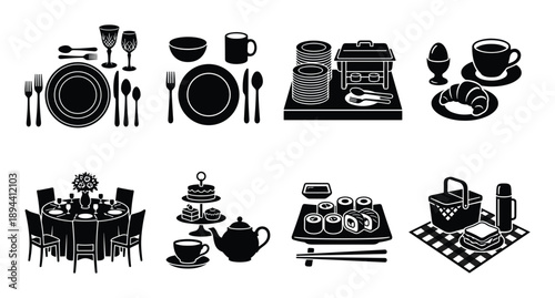 Assorted table setting glyph icons include formal dinner, buffet, breakfast, tea party, and picnic elements.