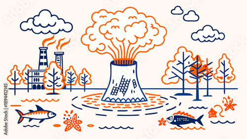 Exhaust gas emissions from a large chimney of a nuclear power plant. Dead fish. Negative impact on the environment. Pollution. Ecology.