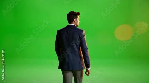 Wallpaper Mural Green Screen man walking away chroma key copy space studio scene 4 with distortion, overlay, glitch, static noise, scan lines on black background, 4k animated video loop Torontodigital.ca