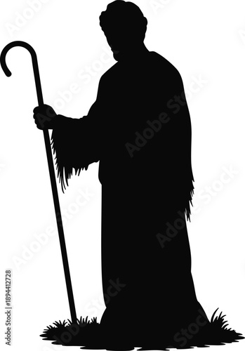 Silhouette of a shepherd with a crook standing in grass, a solemn figure in black against a white background, conveying tradition and pastoral life