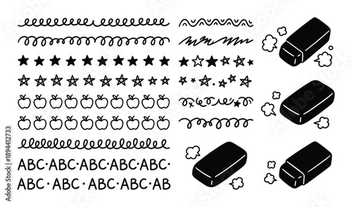 Black and white school doodle collection of erasers, borders, stars, apples and lettering illustrations.
