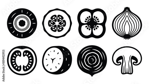 Black and white vector set of various vegetable cross-sections, including onion, mushroom, and tomato.