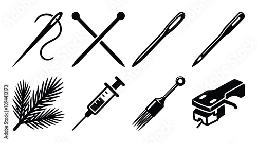 Black glyph icons of sewing, medical and hobby objects: needles, syringe, branch and record player headshell.