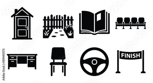 Black glyph icons set featuring a doorway, fence, open book, row seating, desk, chair, wheel, finish line.