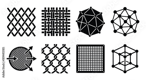 Black glyph icons of various mesh types, including woven fabric, chain link, cellular grids, and geometric arrangements.