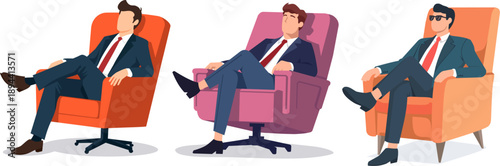 Collection of successful businessmen sitting and relaxing in armchairs. Flat vector illustration of confident leaders in office chairs.