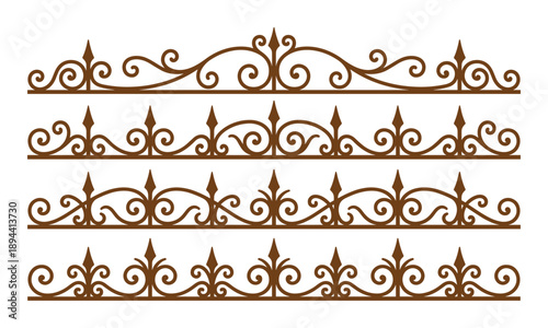Brown wrought iron fence borders vector set, Ornamental scrollwork elements for fence, frame, decor, border.