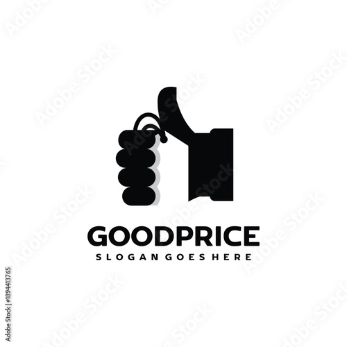 Bold good price logo showing thumbs up hand and price label. Suitable for ecommerce, promotional branding, customer approval systems, trusted shopping platforms, and retail logos.