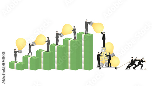 Corporate group collaborating in espionage to steal light bulb ideas and money for corruption concept