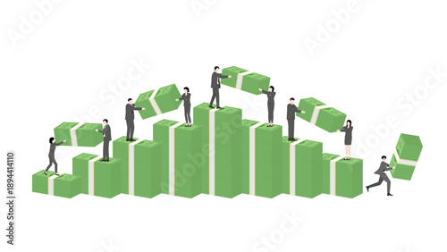 Large business group building money mountain for financial fraud and systemic corruption concept