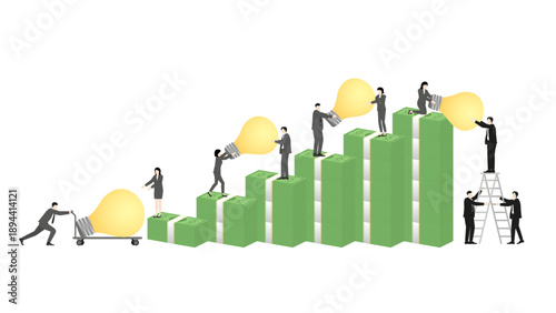 Business team stealing light bulb ideas for profit and corporate espionage corruption concept