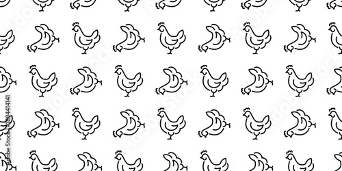 Chicken seamless pattern. Repeating vector background with hand drawn chicken symbols. Minimal linear farm illustration for packaging, branding and textile design.