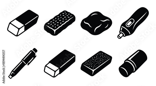 Collection of different eraser glyphs, perfect for illustrating stationery, art supplies, and erasing tools.