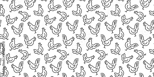 Seamless pattern with rooster and chicken. Repeating vector background with farm poultry symbols. Clean linear illustration for branding, packaging, textile and food related designs.