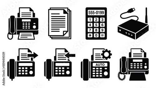 Collection of fax machines, phone, paper stacks, router for office communication and networking.