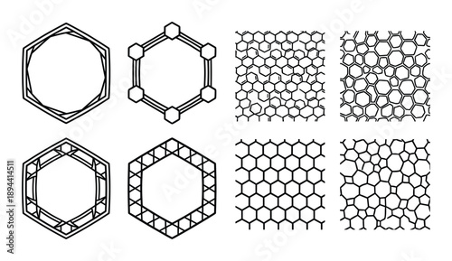 Collection of geometric hexagon patterns, cellular structures, vector art designs, in varying styles and layouts