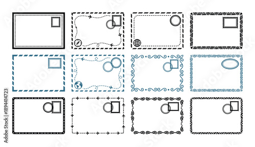 Collection of hand-drawn vector travel postcard template designs. Ready for your message and travel stamp.