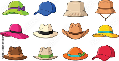 Collection of Colorful Summer Hats Featuring Baseball Caps Fedora Cowboy and Bucket Hat Styles in Flat Cartoon Vector Illustration Isolated on White Background