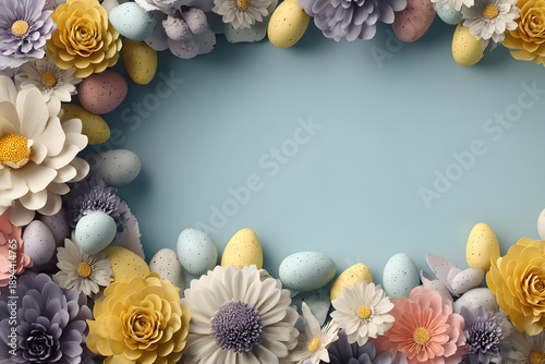 Colorful flowers and Easter eggs create a festive border on a light blue background during springtime celebrations