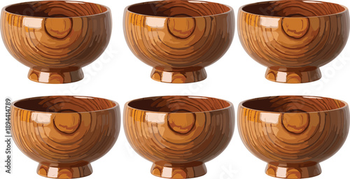 Collection of Six Handcrafted Wooden Bowls with Natural Grain Texture Set Against a White Background for Rustic Kitchenware Branding and Eco Friendly Dining Product Displays