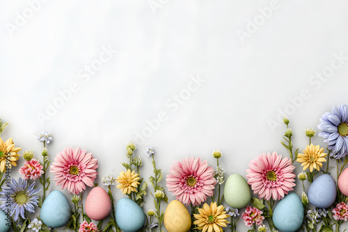 Spring flowers and colored eggs arranged on a light background during the Easter holiday season