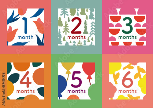 カラフルでポップなマンスリーカード1（1ヶ月〜6ヶ月）