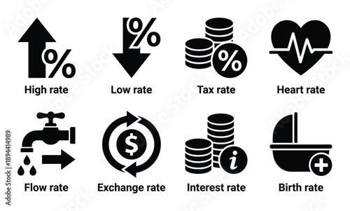 Collection of rate types glyph icons for various uses: High, Low, Tax, Heart, Flow, Exchange, Interest and Birth.