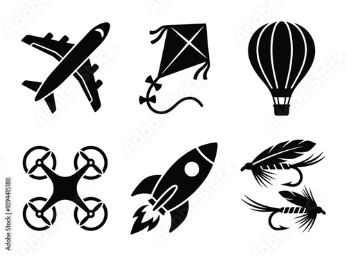 Collection of transport and recreational black glyph icons for graphic and design projects.