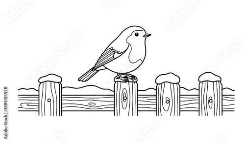 Robin bird coloring page vector perched on snowy fence for winter and Christmas kids activities