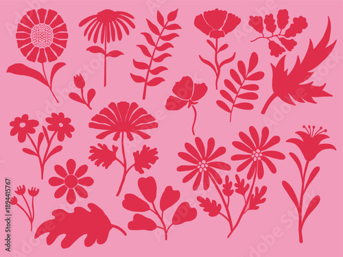Pink hand drawn floral silhouette and botanical leaf set. Vibrant pink floral silhouettes on soft background for design