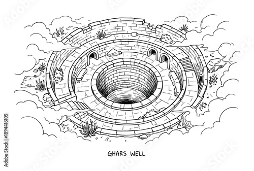 Detailed Ghars Well vector art. Stone structure with levels, archways, steps. Cloud background. Architectural art.