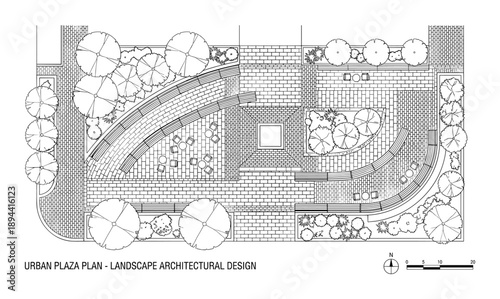 Detailed landscape architectural plan featuring urban plaza with trees, paving, and seating arrangements.