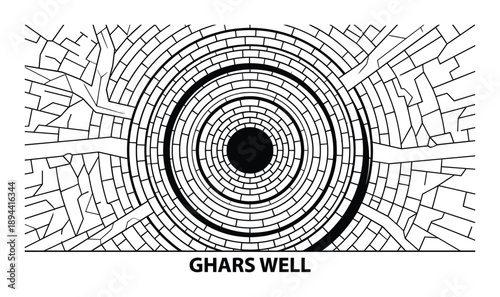 Detailed vector graphic of Ghars Well. Black and white circular brick pattern design. Ancient architecture.