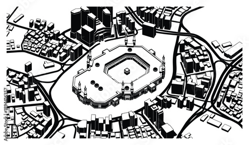Detailed vector illustration of the Makkah with the Kaaba surrounded by buildings and a road network.