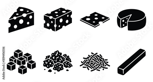 Different type of cheese cuts isolated, cheese varieties glyph style icons, cheese collection set.