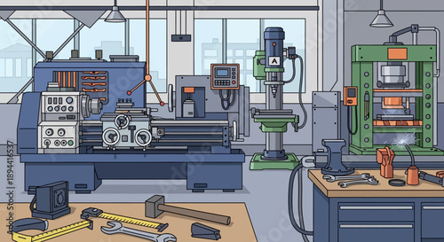 Industrial workshop with various machines and tools including a lathe, milling machine, and press, depicting a manufacturing environment