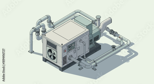Industrial HVAC unit with complex piping system shown in isometric perspective, demonstrating mechanical engineering and climate control technology